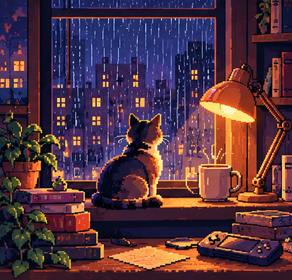 Pixel-art rainy window at night with a cat on the sill beside a warm desk lamp